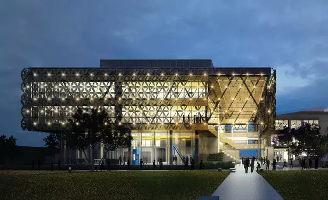 西澳大学工程实验室：现代几何建筑外观，内部灯光通明，展现尖端科研设施